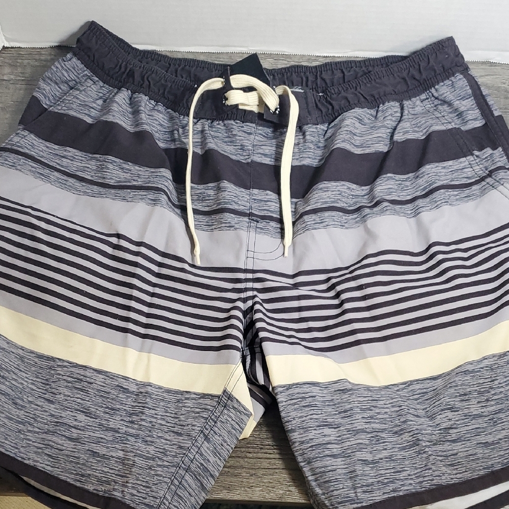 RBX Men's Striped Swim Shorts - Black, Gray, and Cream